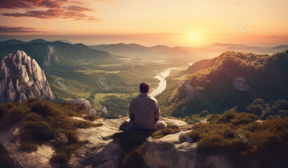 Fototapeta premium Man meditating in the mountain during the sunset, fantasy-based. Generative Ai. 