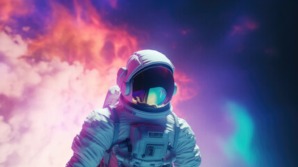 Astronaut, with a background of clouds with lightning of all colors