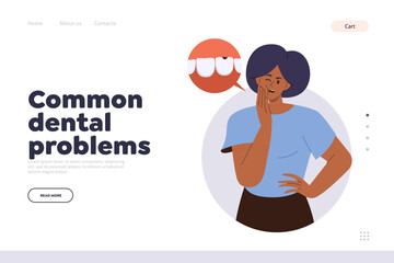 Common dental problem concept for landing page with young girl character suffering from toothache