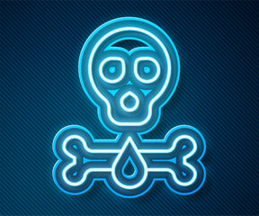Glowing neon line Bones and skull as a sign of toxicity warning icon isolated on blue background. Vector