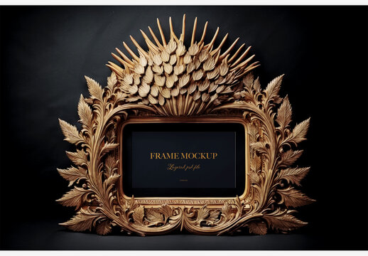 Elegant Wooden Frame With Decorative Design And Unique Crown Of Spikes On Black Background With Leaf Shadow - Perfect For Wall Decor Frame Mockup Template Generative AI