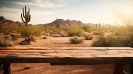 Old wooden empty table in front of blurred desert and cactus background. Generative AI.