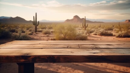 Old wooden empty table in front of blurred desert and cactus background. Generative AI.