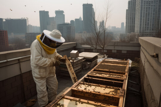 Beekeeping on a roof in a city, Generative AI