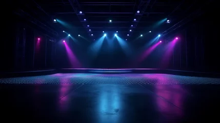 Fotobehang The dark stage shows empty dark blue purple pin background. AI generated © ArtStage