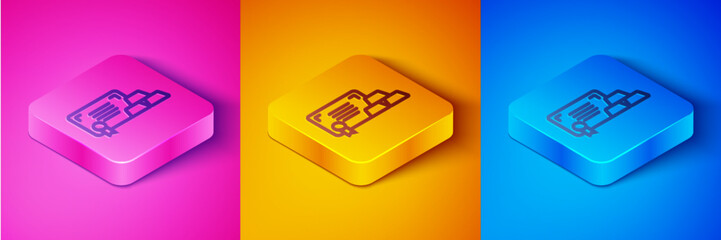 Isometric line Gold bars with certificate icon isolated on pink and orange, blue background. Banking business concept. Square button. Vector