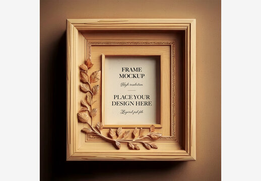 Leaf Design Wooden Frame On White Background With Brown Wall Shadow - Perfect For Nature-Themed Decor | Stock Photo Frame Mockup Template Generative AI