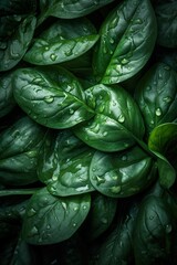 Obraz premium Top down view of fresh spinach leaves with waterdrops. AI Generative Art.