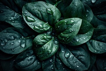 Obraz premium Top down view of fresh spinach leaves with waterdrops. AI Generative Art.
