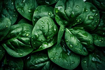 Top down view of fresh spinach leaves with waterdrops. AI Generative Art.