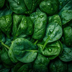 Top down view of fresh spinach leaves with waterdrops. AI Generative Art.