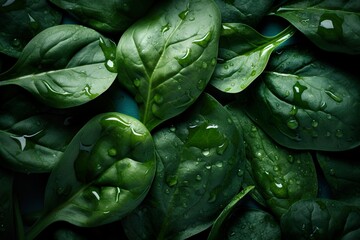 Obraz premium Top down view of fresh spinach leaves with waterdrops. AI Generative Art.