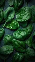 Obraz premium Top down view of fresh spinach leaves with waterdrops. AI Generative Art.