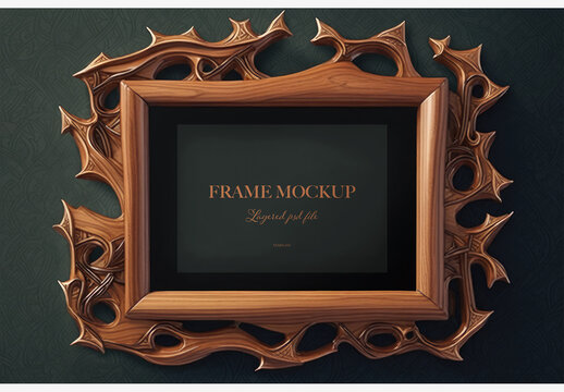 Stunning Wooden Frame With Leaf Pattern And Shadow Of A Person In Dark Room - Perfect For Interior Design And Art Projects Frame Mockup Template Generative AI