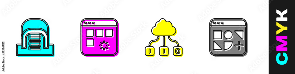 Poster set hangar with servers, loading data window, cloud technology transfer and different files icon. ve