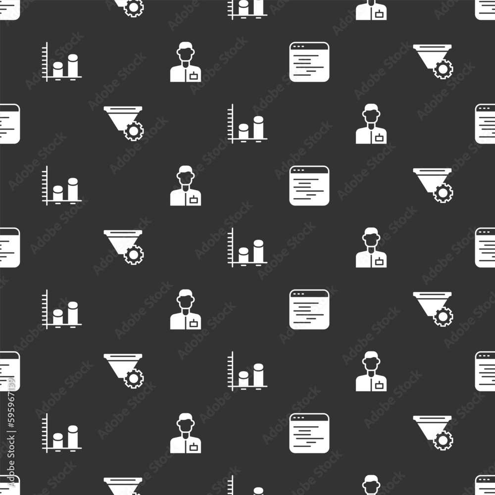 Poster set software, filter setting, data analysis and analyst engineer on seamless pattern. vector
