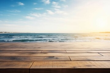 Fototapeta na wymiar Abstract Empty wooden table over blurred sunny sea background. AI generative