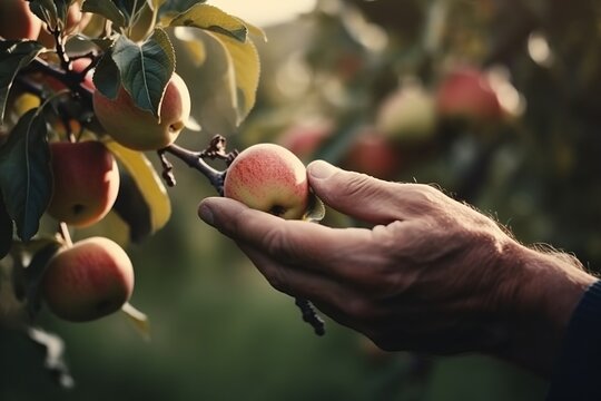 close-up farmer's hands harvesting apples