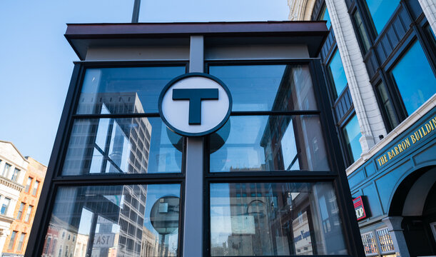 CAMBRIDGE, MASSACHUSETTS - APRIL 20, 2023: The big 'T' logo for the MBTA train in Boston, MA