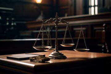Justice scales in dim courtroom. Generative AI