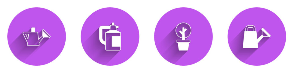Set Watering can, Garden sprayer for fertilizer, Forest and icon with long shadow. Vector