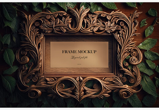 Natural Wood Frame With Leaf Decor And Potted Plant On Wooden Table And Floor Background - Stunning Stock Photo For Home Decor, DIY, And More! Frame Mockup Template Generative AI