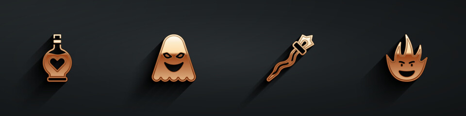 Set Bottle with love potion, Ghost, Magic staff and Fire flame icon with long shadow. Vector
