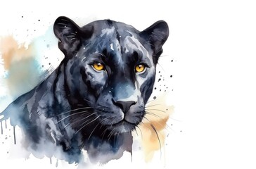 Watercolor portrait of a black panther on white background. Generative AI.