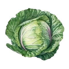 Fototapeta premium Watercolor illustration of a head of cabbage isolated on white background. Generative AI.