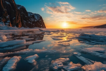 Fototapeta na wymiar Spectacular sunrise in winter over frozen ice lake Baikal .Sunny outdoor scene. Nature beauty concept background. Generative AI