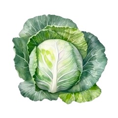 Obraz premium Watercolor illustration of a head of cabbage isolated on white background. Generative AI.