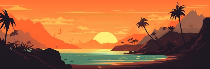 Tropical Beach Digital Art: Minimalist Color Field Illustration with Retro Charm - Generative AI