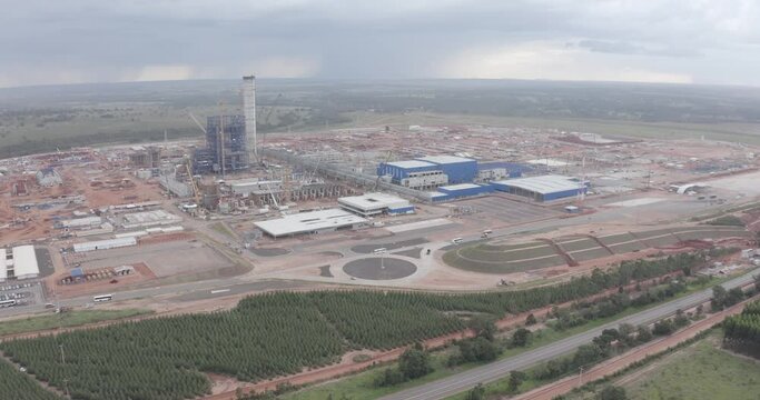 Ribas do Rio Pardo, MS, Brazil, MAR 29 2023, Aerial view of the facilities at the Suzano cellulose factory, a modern factory with large capital invested in the region