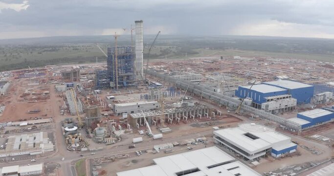 Ribas do Rio Pardo, MS, Brazil, MAR 29 2023, Aerial view of the facilities at the Suzano cellulose factory, a modern factory with large capital invested in the region