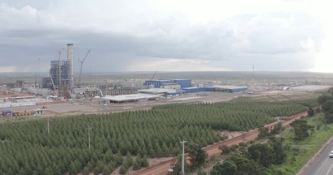 Ribas do Rio Pardo, MS, Brazil, MAR 29 2023, Aerial view of the facilities at the Suzano cellulose factory, a modern factory with large capital invested in the region
