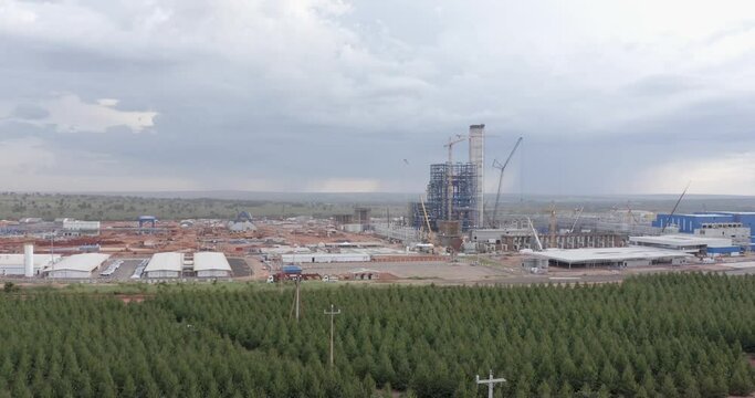 Ribas do Rio Pardo, MS, Brazil, MAR 29 2023, Aerial view of the facilities at the Suzano cellulose factory, a modern factory with large capital invested in the region