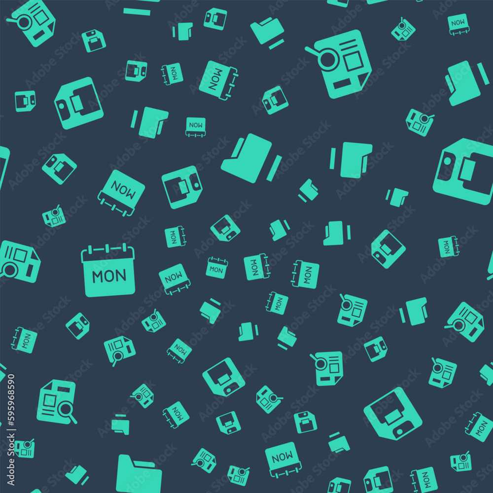 Poster set document folder, with graph chart, calendar and floppy disk on seamless pattern. vector