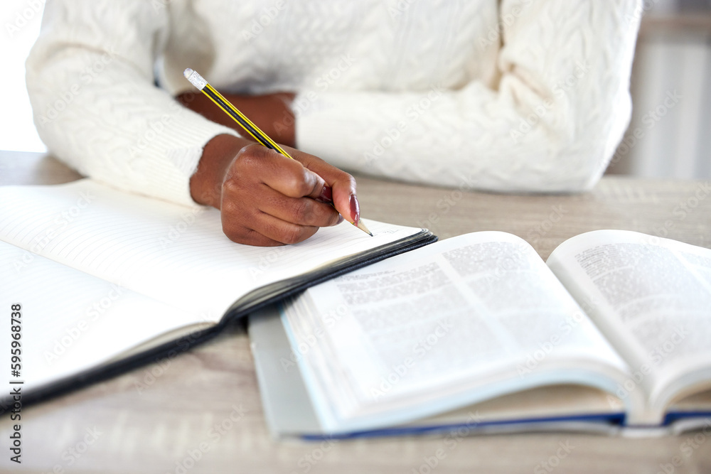Poster Take note of what hard work looks like. an unrecognisable woman making notes in a book while studying at home.