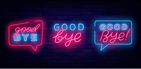 Good bye neon signs collection. Farewell concept. Leaving text. Editing stroke. Vector stock illustration