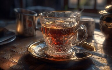 An antique glass cup of tea. Generative AI technology.