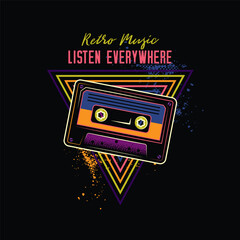 Vintage music cassette with magnetic film in neon style. Original vector illustration. T-shirt design, design element.