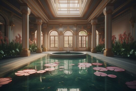 Illustration of a spa with lotus flowers in 3D. Generative AI
