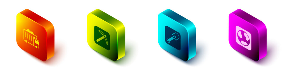Set Isometric Mining dump truck, Pickaxe, Shovel and Earth globe icon. Vector © Vadim