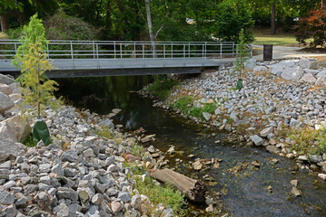 Pedestrian bridge over Green Mill Run creek, Elm Street Park to College Hill on East Carolina Universityâ€™s campus. Greenville, North Carolina