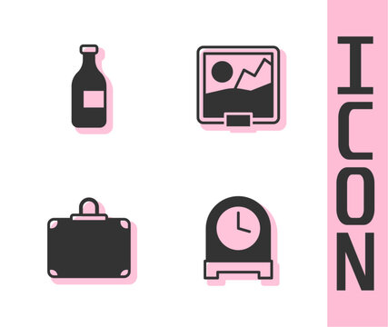 Set Antique clock, Bottle of wine, Suitcase and Picture icon. Vector