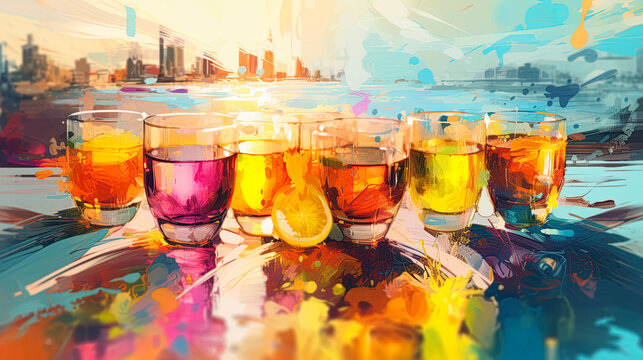Cocktails and drinks in glasses at the bar. Abstract, colorful watercolor illustration. Digital painting for print and background. Ai Generative illustration