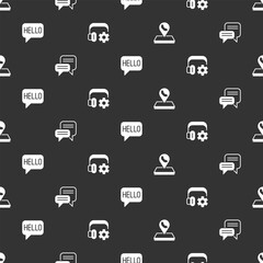 Set Call center location, Speech bubble chat, Hello in different languages and Headphoneswith settings on seamless pattern. Vector
