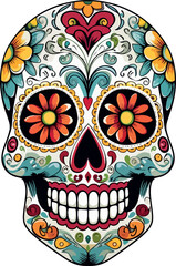 Sugar Skulls. Day of the Dead Skull, isolated on white background. Dia de los Muertos. Mexican sugar skull. Design element for logo, emblem, sign, poster, card, banner. Vector illustration. Color
