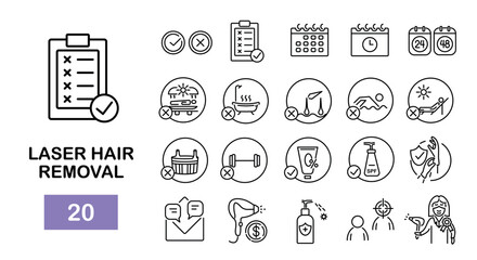 Laser hair removal icons. Laser epilation line icons. Contraindications to laser hair removal. 20 hair removal icons. Vector illustration 