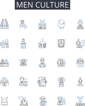 Men culture line icons collection. Women society, Children tradition, Elderly customs, Family heritage, Employee ethos, Citizen values, Leader principles vector and linear illustration. Community